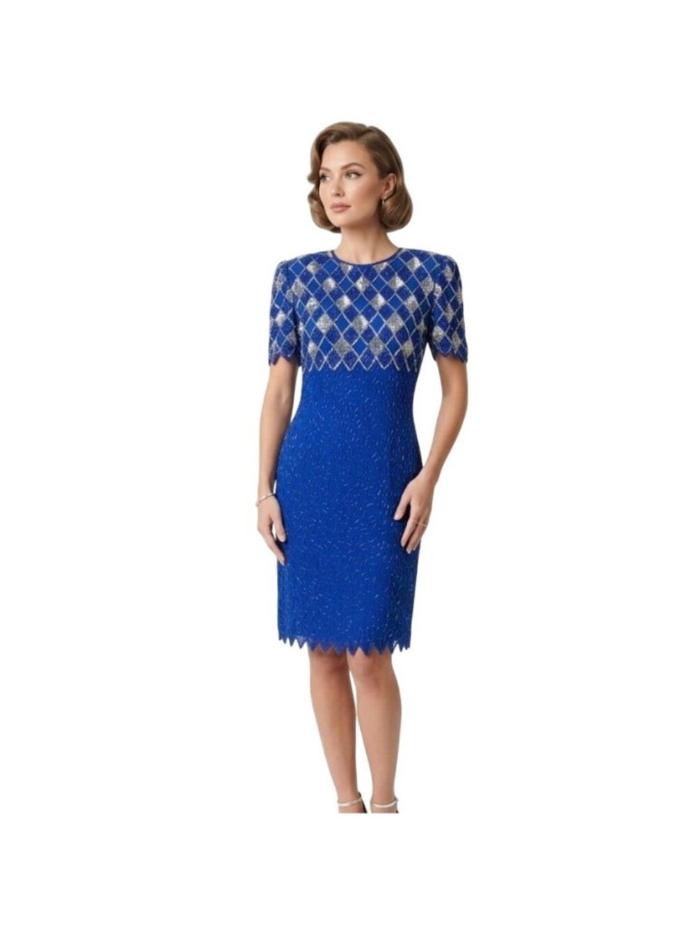 Vtg Laurence Kazar Beaded Silk Dress Cocktail Formal Women Size S Blue Silver